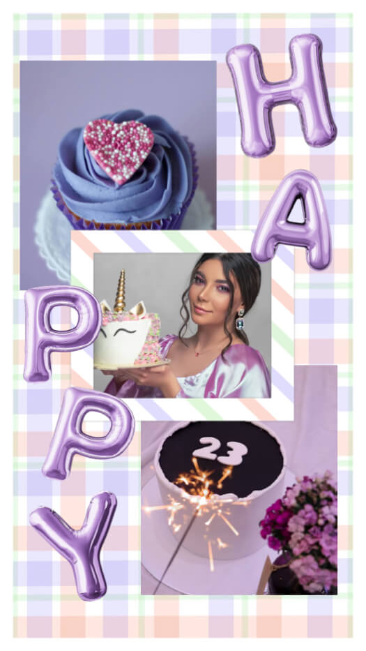 Montage photo anniversaire avec fond lilas à carreaux. Trois photos superposées montrant des gâteaux et une jeune femme. Inscription HAPPY en ballons violets.
