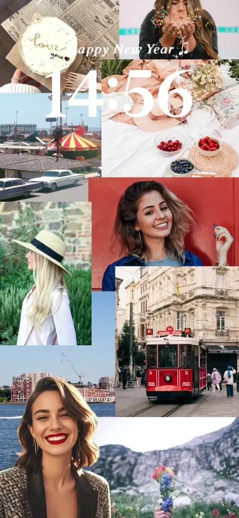 A multi-photo aesthetic collage template for a DIY live wallpaper featuring New Year themes, travel photography, and lifestyle shots in a scrapbook layout.