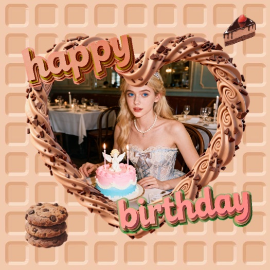 Plantilla de collage para cumpleaños con un marco de remolino de chocolate en forma de corazón, fondo de waffle y stickers de galletas y pastel de chocolate.