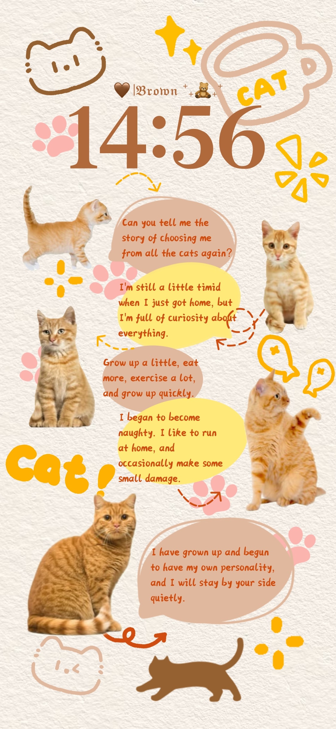 Aesthetic ginger cat scrapbook phone wallpaper template with orange tabby photos, speech bubbles, and paw prints.