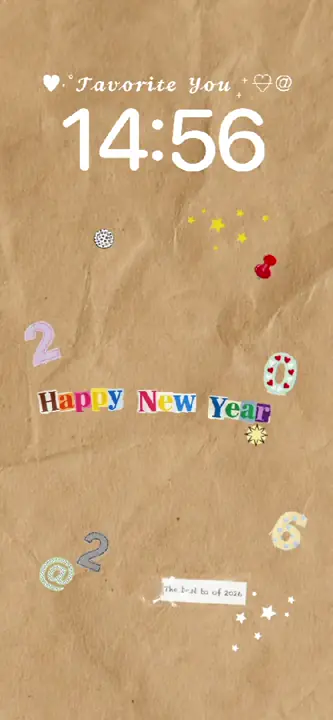 Happy New Year 2026 aesthetic scrapbook live wallpaper template with brown crumpled paper and magazine cutout letters.
