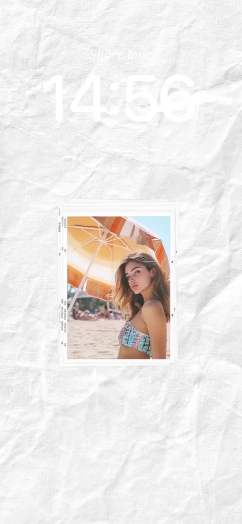Aesthetic beach girl in a Polaroid frame on white crumpled paper background live wallpaper template.