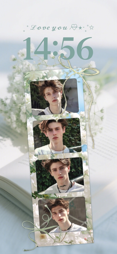 Customizable aesthetic DIY wallpaper template with a vertical photo strip, white flowers, and soft green accents.