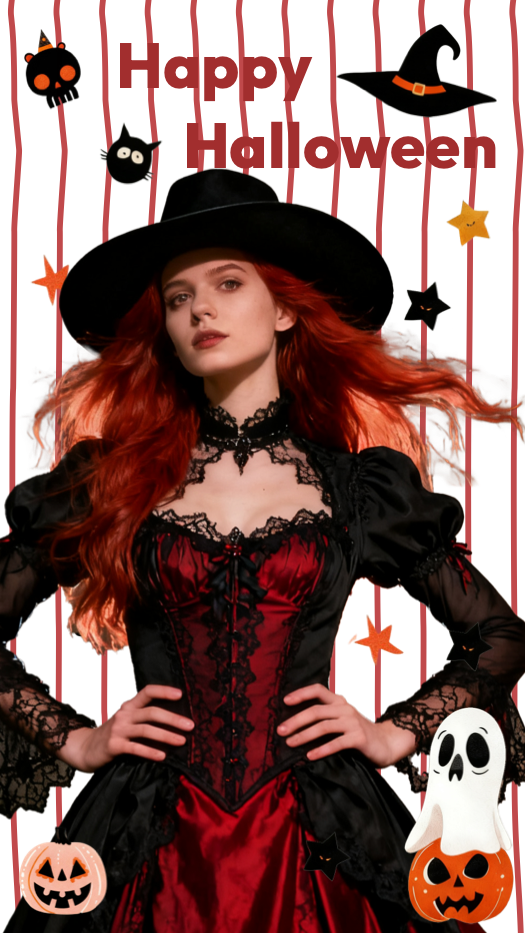 Eine Halloween-Collage-Vorlage mit einer Hexe, vertikalen roten Streifen, Happy Halloween Text und Aufklebern von Kürbissen und Geistern.