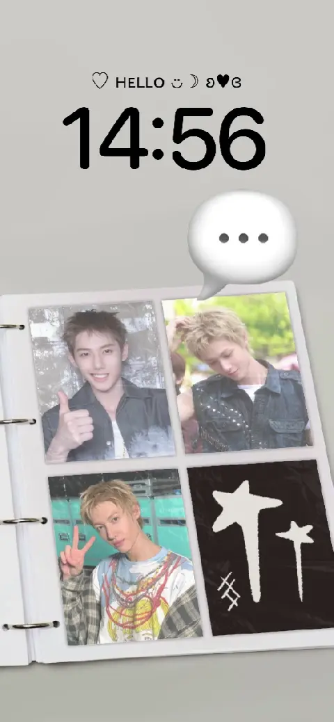 A minimalist gray DIY live wallpaper template featuring a photobook ring binder with four photo frames and a 3D speech bubble.