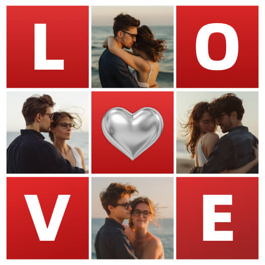 3x3 grid collage with red squares spelling LOVE, 4 couple photos, and a 3D silver heart in the center.