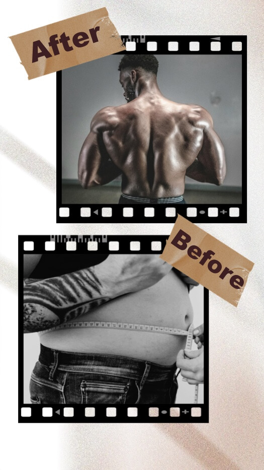 Vertical collage layout featuring two film strip photo frames. The top frame shows a muscular back with an 'After' tape sticker, and the bottom frame shows a stomach being measured with a 'Before' tape sticker.