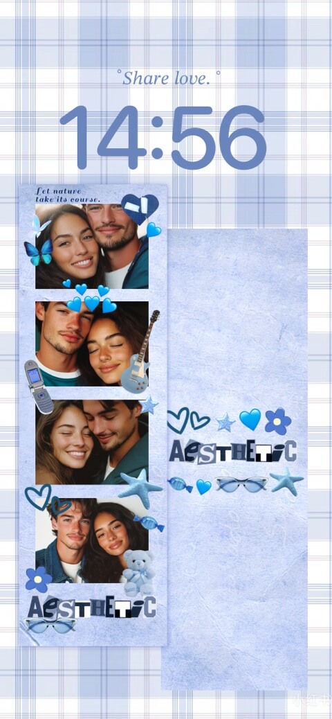 A customizable blue plaid static wallpaper template featuring a four-photo collage strip for couples with aesthetic blue stickers and text space.