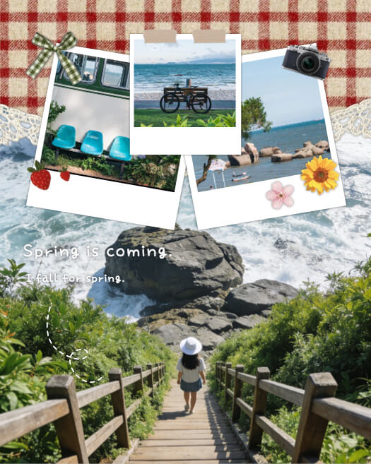 Frühlingshafte Fotocollage-Vorlage mit rotem Karomuster und Spitzenbordüre. Zeigt ein Hintergrundbild vom Meer und drei Polaroid-Rahmen mit Blumenstickern und Schleife.