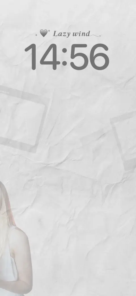 Aesthetic minimalist crumpled paper live wallpaper template with a girl and digital clock display.