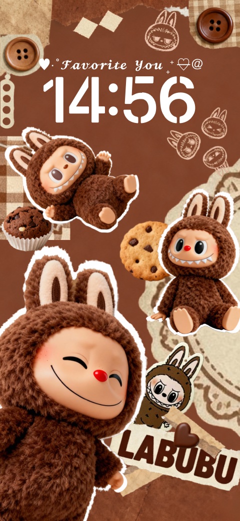 Plantilla de fondo de pantalla estilo collage marrón con personajes Labubu vestidos de conejo, galletas y elementos de costura. Fondo estático personalizable.
