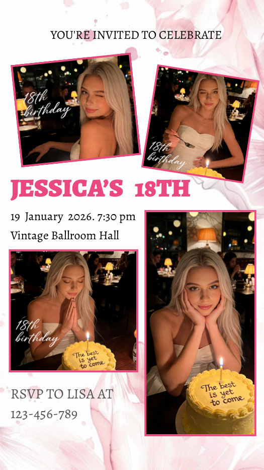 Pink aesthetic 18th birthday photo collage invitation template featuring four photos, a yellow cake, and pink text.