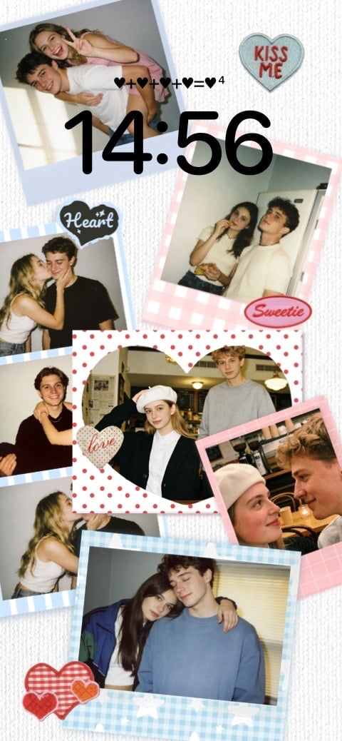 Anpassbare statische Wallpaper-Vorlage mit einer Collage aus Polaroid-Fotos von Paaren, dekoriert mit Herzen.