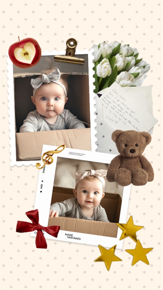 A whimsical scrapbook photo collage template featuring two photos of a baby in a cardboard box, decorated with a teddy bear, white tulips, a heart-cutout apple, a red bow, and gold stars on a polka dot background.