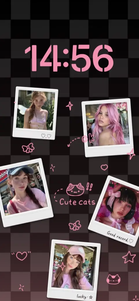 Anpassbare Live-Wallpaper-Vorlage mit dunklem Karomuster, fünf Polaroid-Rahmen und rosa handgezeichneten Doodles.