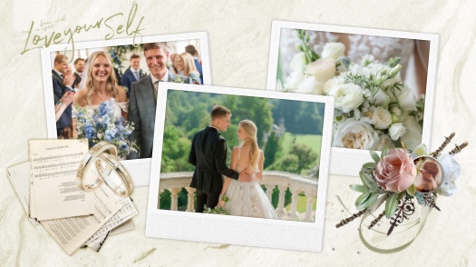 Vintage wedding scrapbook collage with 3 Polaroid photos, floral bouquet, rings, and sheet music on a cream background.