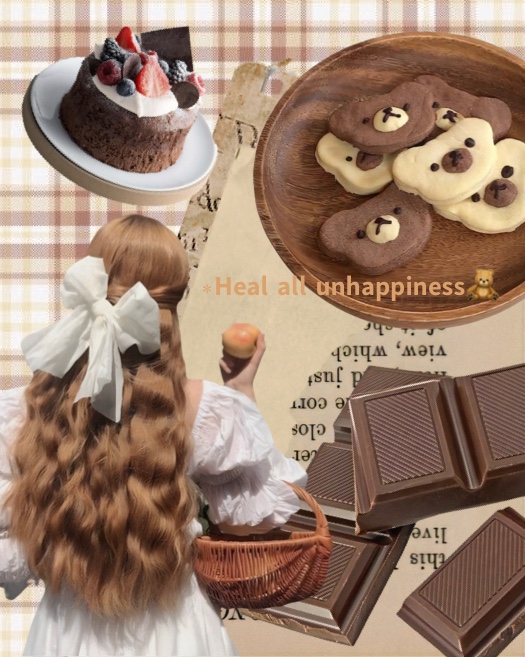 Aesthetic brown collage with a girl in a white bow, bear cookies, chocolate, and cake on a plaid background.