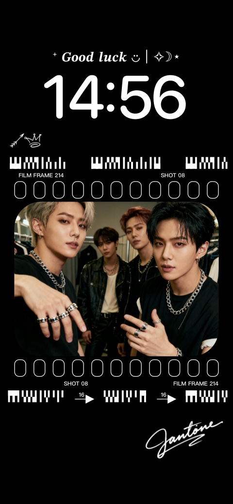 DIY K-pop boy band wallpaper template with a dark film strip frame and minimalist digital clock on a black background.
