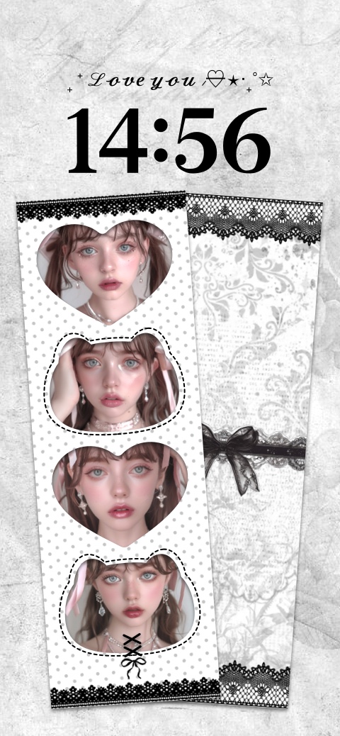 DIY wallpaper template with heart and cat shaped photo frames, lace trim, and polka dots for a coquette aesthetic background.