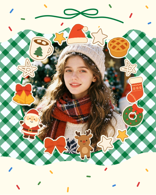 冬服を着た女性の写真を中心に、サンタ、トナカイ、クリスマスツリーのマグカップなどの可愛いステッカーが配置された緑のギンガムチェック柄のコラージュテンプレート。