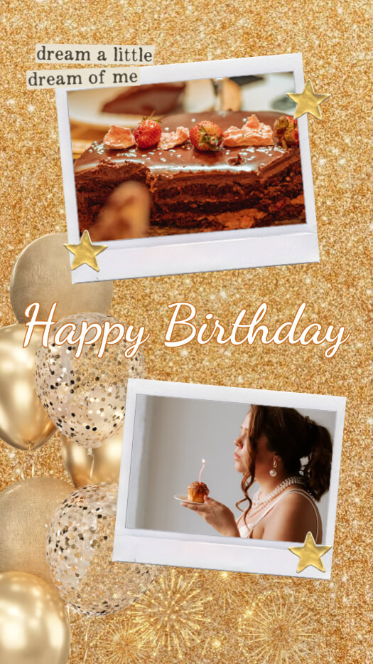Gold glitter birthday collage with two Polaroid photo frames, gold balloons, stars, and Happy Birthday text.