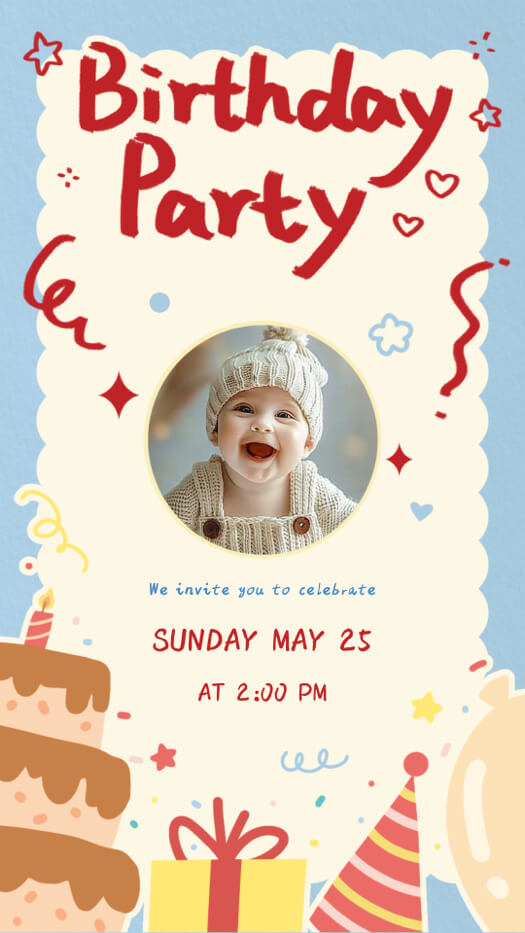 A birthday party invitation template with a central circular photo of a smiling baby, surrounded by red hand-drawn text, a chocolate cake, gift boxes, and balloons on a blue background.