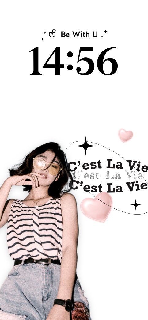 DIY phone wallpaper template with C'est La Vie text, pink hearts, and customizable girl photo on white background.