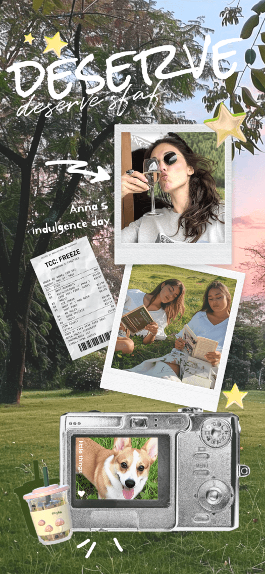 DIY wallpaper template featuring a green park background with polaroid photo frames, a corgi dog, and scrapbook stickers.