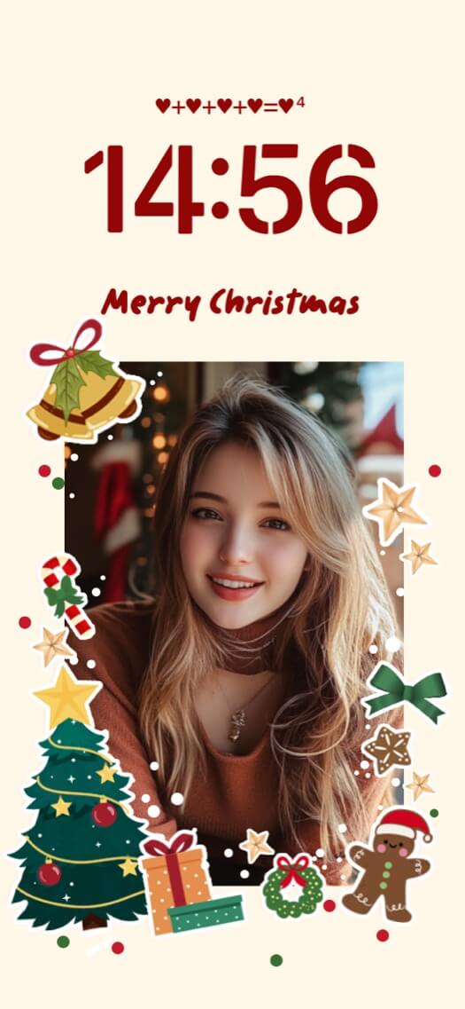 Plantilla de fondo de pantalla estático navideño personalizable con un marco para fotos central y pegatinas de motivos festivos sobre fondo beige.