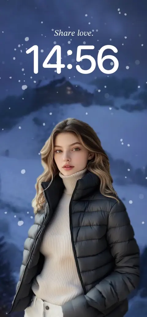 Aesthetic woman in puffer jacket against snowy mountains with falling snow live wallpaper template.