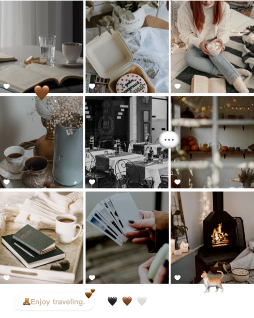 Eine 3x3 Fotocollage im gemütlichen Herbst-Stil mit Kaffee, Büchern, Kaminfeuer und Reisefotos sowie dekorativen Stickern.