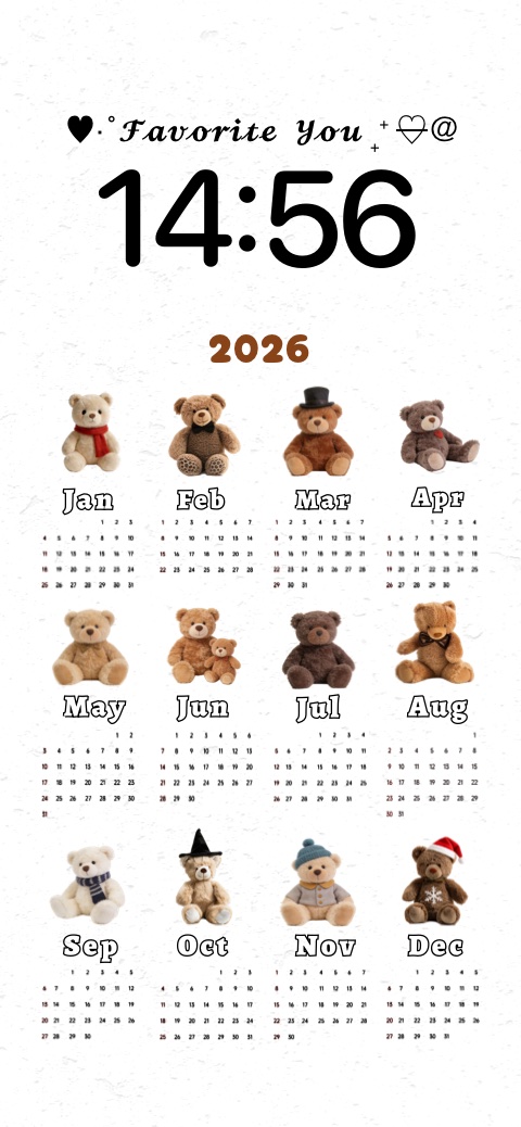 2026 phone calendar wallpaper template featuring cute teddy bears for each month on a white textured background.