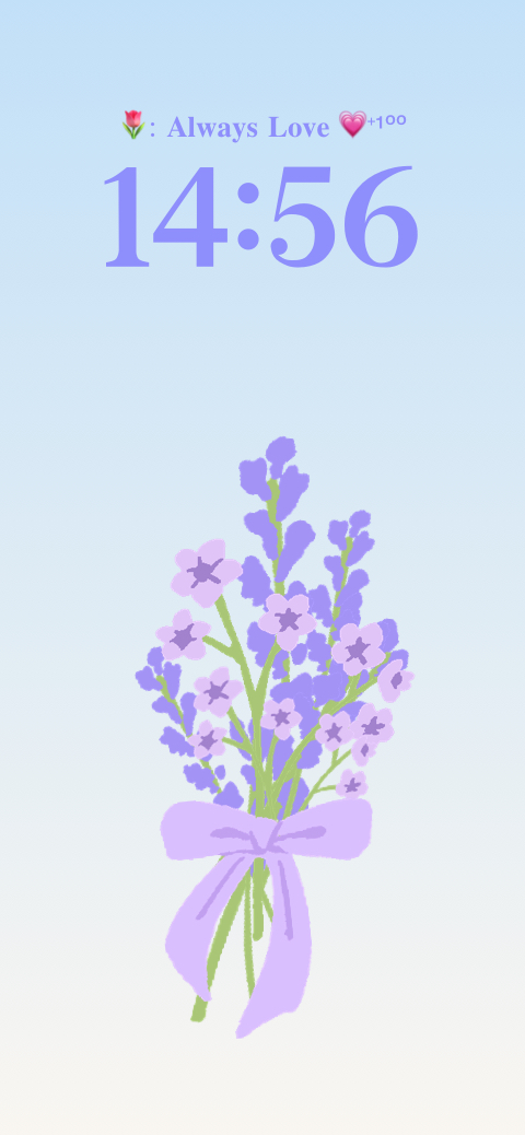 Aesthetic DIY wallpaper template featuring a hand-drawn purple lavender bouquet with a bow on a light blue background.