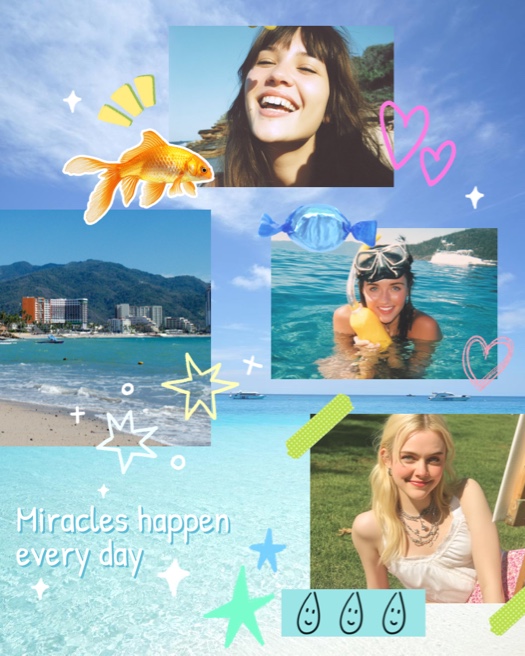 Summer travel photo collage with Y2K stickers, goldfish, candy, and text saying miracles happen every day.
