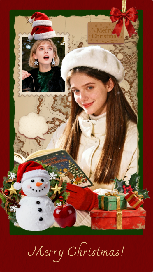 Vintage Christmas collage template featuring a snowman, presents, and a girl in a Santa hat on a map background.