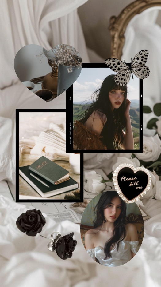 Aesthetic dark romance collage with heart shapes, butterflies, black roses, and vintage film frames on white silk.