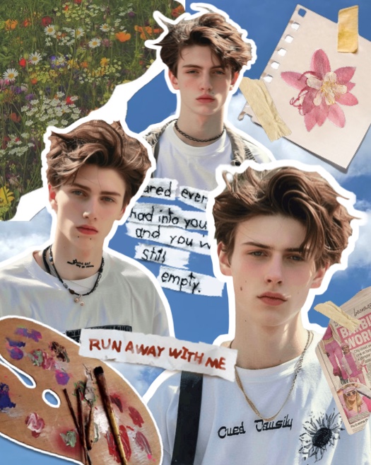 Aesthetic freestyle collage with three portrait photos, ripped paper text, art palette, and floral scrapbook elements.