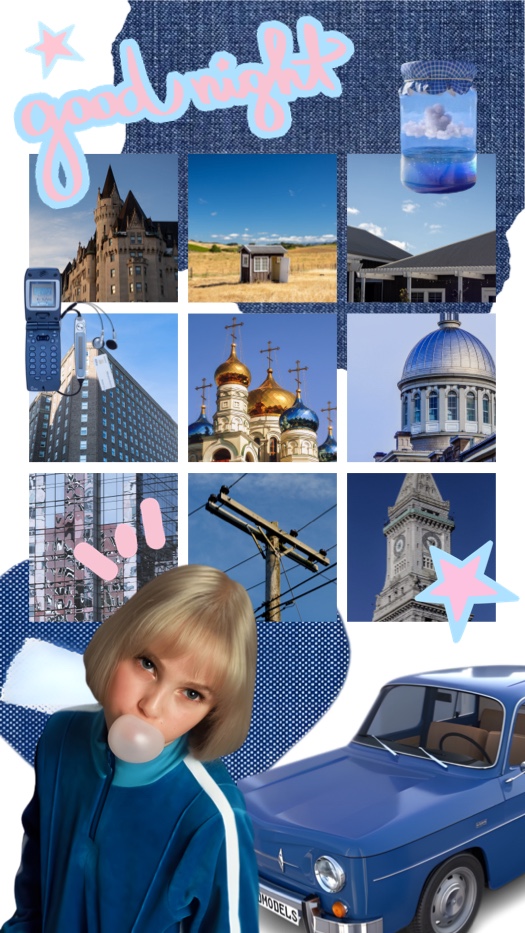 Fotocollage mit 3x3 Raster auf blauem Denim-Hintergrund, dekoriert mit Retro-Handy, Mädchen mit Kaugummi und blauem Oldtimer.