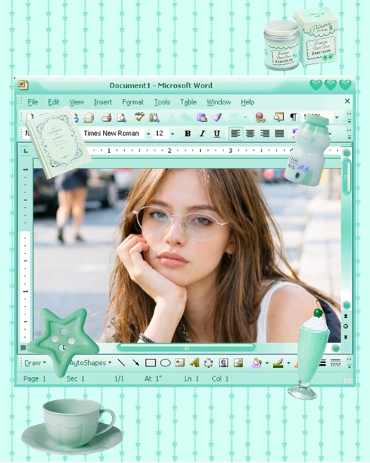 Modèle de montage photo vert menthe style fenêtre Windows ancienne avec une photo centrale et des autocollants de milkshake et d'objets vintage.
