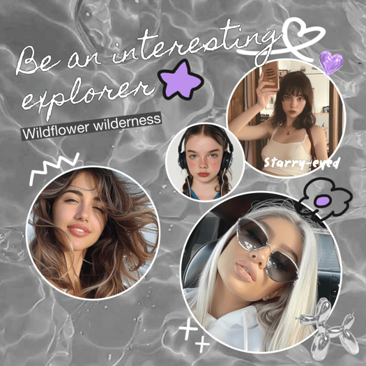 Aesthetic collage template with four circular photos, water ripple background, and purple Y2K doodle stickers.