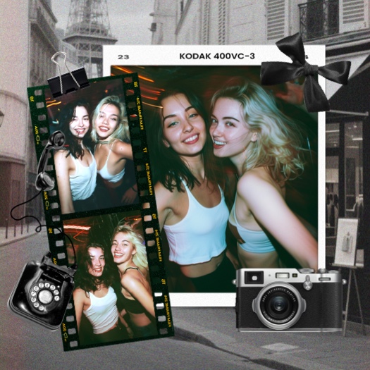 Vintage Paris collage with film strips, Kodak frame, retro telephone, and camera featuring friends in a grainy aesthetic.
