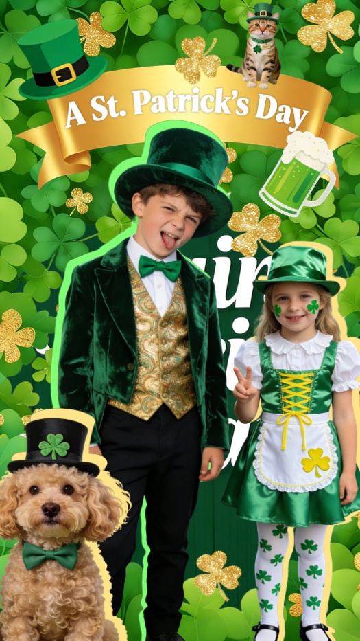 Eine St. Patrick's Day Fotocollage mit Kindern in grünen Kostümen, einem Hund und einer Katze mit Hüten und Kleeblättern.