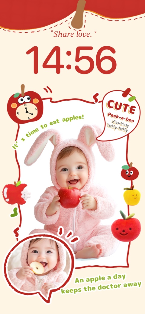 Modèle de fond d'écran statique personnalisable montrant un bébé en costume de lapin avec des motifs de pommes et des bulles de texte.