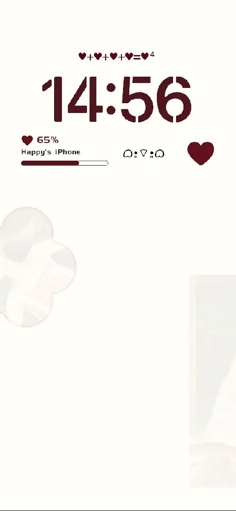 Minimalist white live wallpaper template with a digital clock, heart icons, and red battery status bar for smartphones.