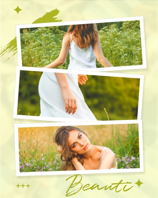 Modèle de montage photo pèle-mêle avec 3 cadres, arrière-plan vert citron, coups de pinceau et texte décoratif.