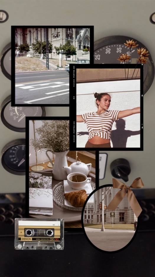 Eine Vintage-Fotocollage im Scrapbook-Stil mit Filmrahmen, einer Denon-Kassette, getrockneten Blumen und einer Schleife.