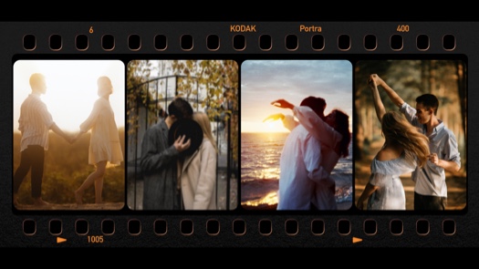Modèle de collage photo horizontal à 4 cases style pellicule de film vintage avec des couples romantiques.