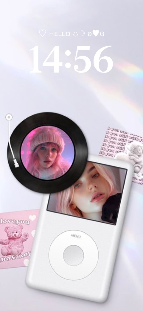 DIY Y2K aesthetic phone wallpaper with customizable vinyl record, retro iPod, and pink teddy bear collage.