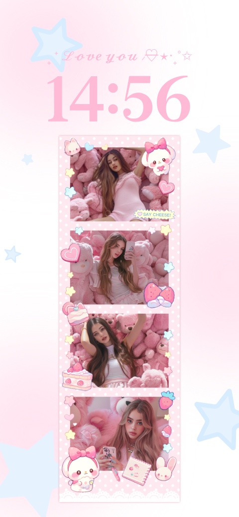 Kawaii pink photo strip wallpaper template with cute stickers, teddy bears, and customizable polaroid-style frames.