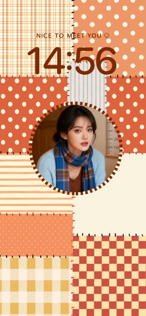 Eine statische Handy-Hintergrundvorlage mit orangefarbenem Patchwork-Design und kreisförmigem Fotorahmen.